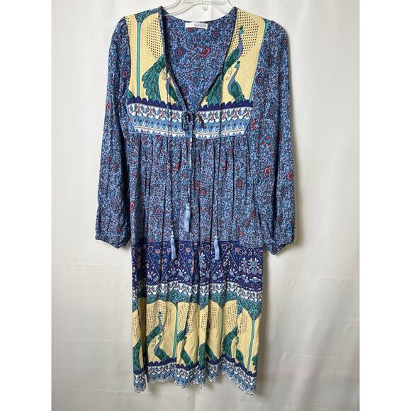 R.Vivimos Women Long Sleeve Floral Print V Neck Tassel Bohemian Midi Dress S 4/6 - Picture 1 of 5